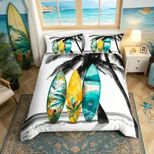 Surfboard Duvet Cover Tropical Coconut Tree Comforter Cover Hawaiian Ocean Beach Bedding Set Sea Surfing Sports Pieces Decorative Bed Cover,No Comforter