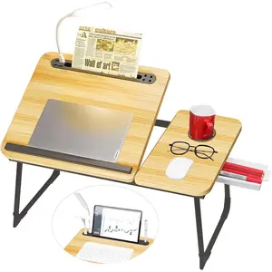 Plus XL Adjustable Laptop Desk with Light, USB Port, iPad Holder, Drawer Storage - Larger 23.6IN Adjustable Lap Desk for Bed,  Office, Breakfast Tray, Fordable  Desk (Walnut)