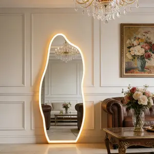 16565H01-Irregular LED Full Length Mirror, Tempered Glass Cloud Shape Body Mirror with Dimmable 3 Color Lights, Wall Mounted/Free Standing Dressing Mirror for Bedroom Living Room