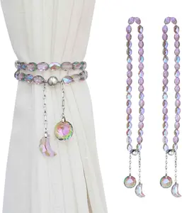 PEDOBO Magnetic Curtain Tiebacks, 2 Pack Crystal Beaded Sun & Moon Pendants Sheers/Draperies Holdbacks for Window Home Office Decor (Purple) Podobo