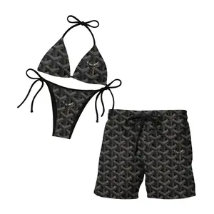 Luxury Designer Inspired Matching Swimwear Set for Couples | Black Monogram Bikini & Men’s Swim Trunks | Sexy Triangle Tie-Side Bikini Set | Matching Beach Outfits for Him & Her | Vacation Swimwear | Summer Pool Party Bathing Suits