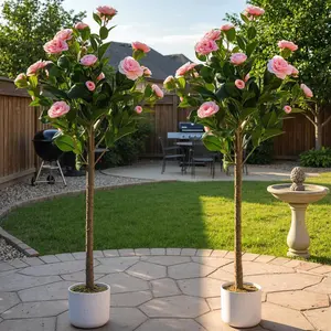 OUTGOODS 2Pack/4FT Artificial Camellia Tree for Indoor Porch Decor, Realistic Faux Plant in Pot with Pink Flowers, Potted Fake Camellia Plant for Home Office Outdoor Patio Wedding Decor