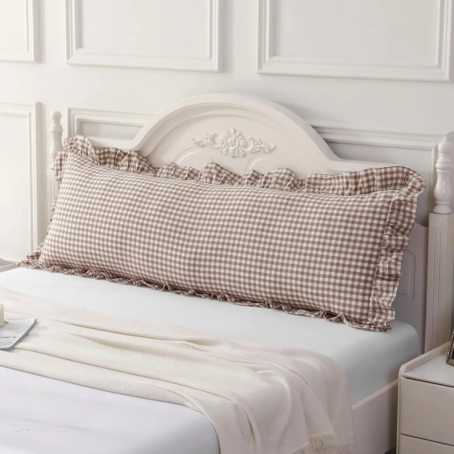 Taupe/White Plaid Gingham Ruffled Body Pillow Cover 20"x54" | 100% Washed Cotton Farmhouse Checkered Long Pillowcase for Living Room-1 Piece