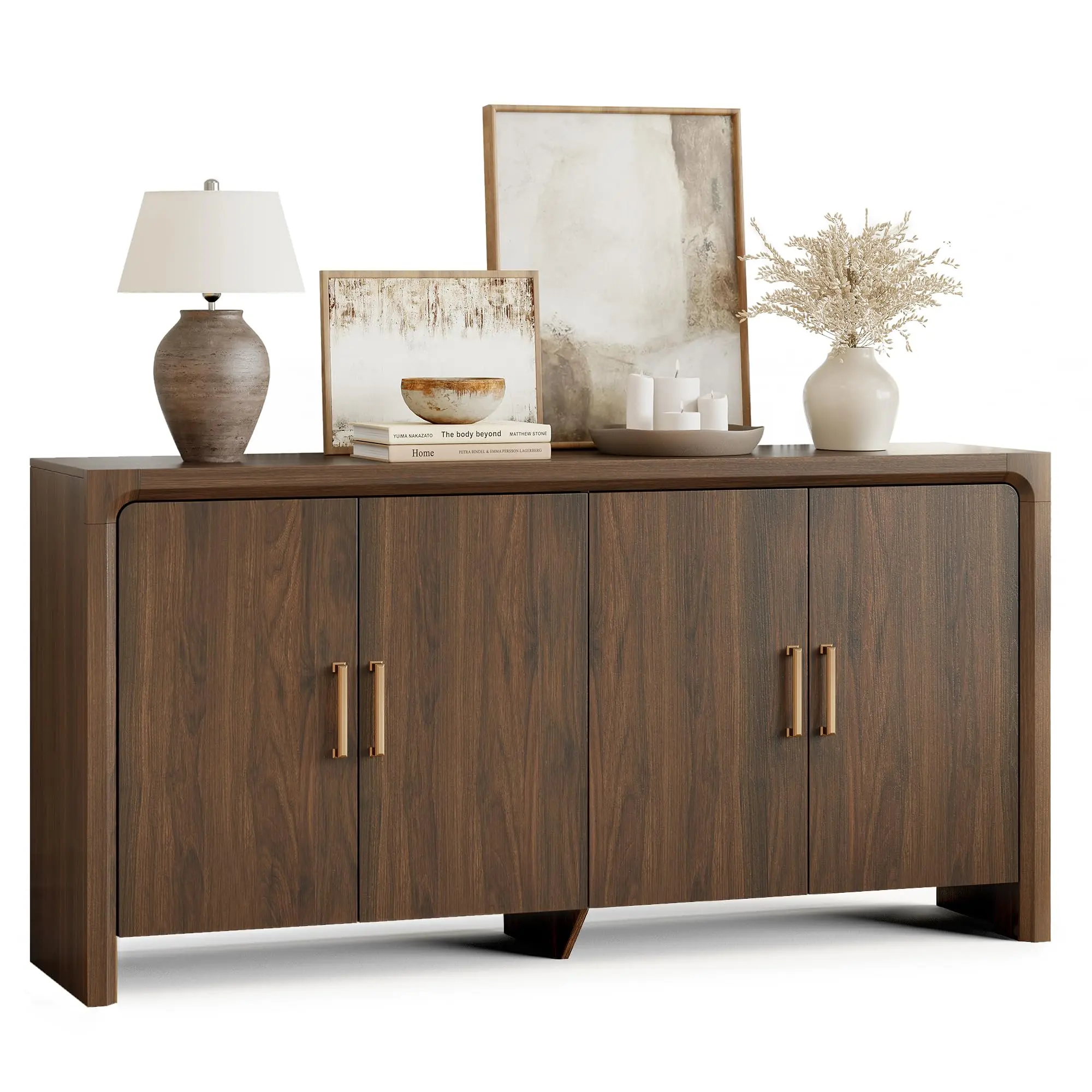 【SummerFinds】ONBRILL 63" Sturdy Large Buffet Cabinet - 4 Doors, Adjustable Shelves, Bottom Legs, Easy-Setup Wood Sideboard, Kitchen Console Table, Coffee Bar Station for Kitchen, Living Room, Home Decor, Storage Organization, Aesthetic Home Decor