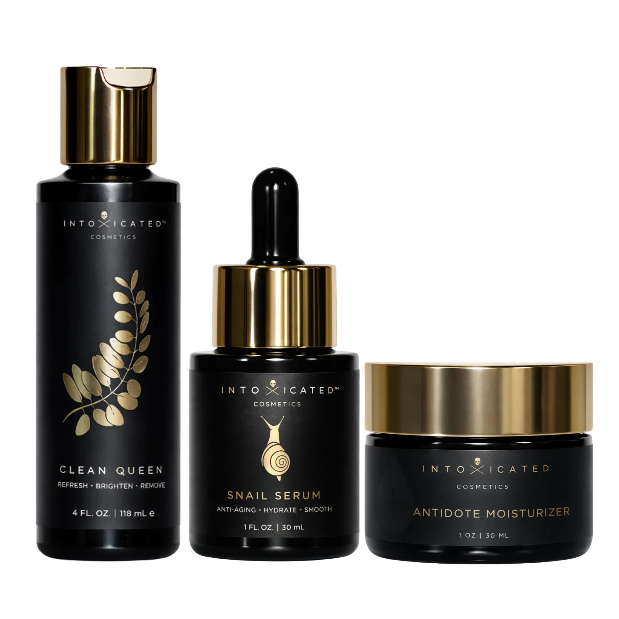 Intoxicated Cosmetics Sensitive Skin Bundle - Clean Queen Glycolic Cleanser, Snail Serum, & Antidote Moisturizer for Radiant Hydration