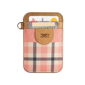 POCKT Slim Card Holder Wallet For Men and Women Minimalist Front Pocket Wallet Elastic Credit Card Holder Genuine Leather RFID Blocking Card Case Wallets Pink Plaid