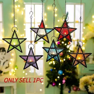 European Style Five-Pointed Star Windproof Candle Holder Iron Art Colored Glass Wind Lamp Vintage Moroccan Candle Holder Holiday Decorations Interior Decoration Accessories