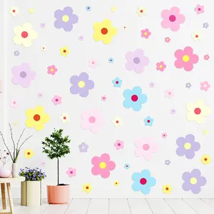 128 Pcs Cute Flowers Wall Decal Daisy Wall Stickers Pastel Aesthetic Preppy Hippie Trendy Wall Flowers Wall Decor Colorful Boho Wall Art Decor for Dorm Bedroom(Preppy)