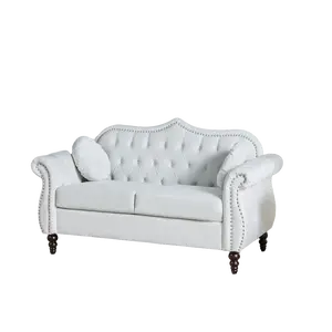 Giratree Furniture 60" Velvet Loveseat Sofa, Mid-Century Modern Button Tufted Chesterfield 2 Seater Couch with Two Throw Pillows for Living Room, Bedroom, White