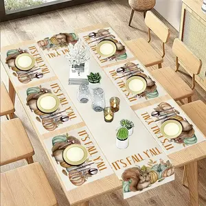 Autumn Table Runner Set, Thanksgiving Squirrel Nut Pumpkin Linen Texture, Washable Dining Mat, Home Kitchen Decor, 5-Piece/7-Piece Set