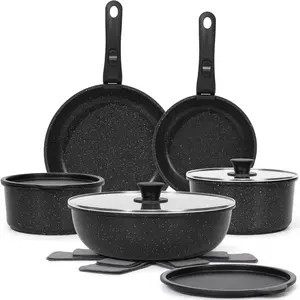 15Pcs Non Stick Pots and Pans Set Cookware with Detachable Removable Handle Oven Safe Induction Stackable RV Kitchen Cooking Tools Black