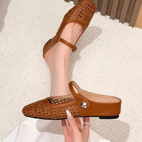 Unique Square Toe Strap Women's Shoes, Slip On Mules, Casual Fashion Braided Hollow Out Commuter Invisible Inner Heel 4cm Flat Single Shoe