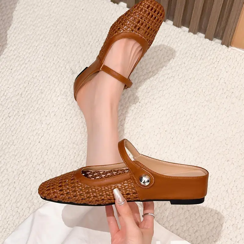 Unique Square Toe Strap Women's Shoes, Slip On Mules, Casual Fashion Braided Hollow Out Commuter Invisible Inner Heel 4cm Flat Single Shoe