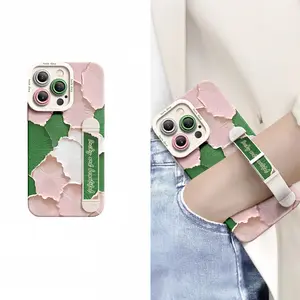 Elegant Minimalist Oil Painting Lotus Leaf Silicone Smartphone Case, Adjustable Stretch Handheld Wrist Strap Stand, Full Shockproof Large Window Cover for iPhone 17 Pro Max, Compatible with iPhone 16 Pro/15/14/13/12 Cellphone Accessory