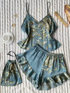 Spring Summer Silk Sleepwear Set Lingerie, Fashion Print Shorts Pajamas Home Wear, Sexy Strap Dress Storage Bag, Soft Comfortable Fitted Women's Nightgown