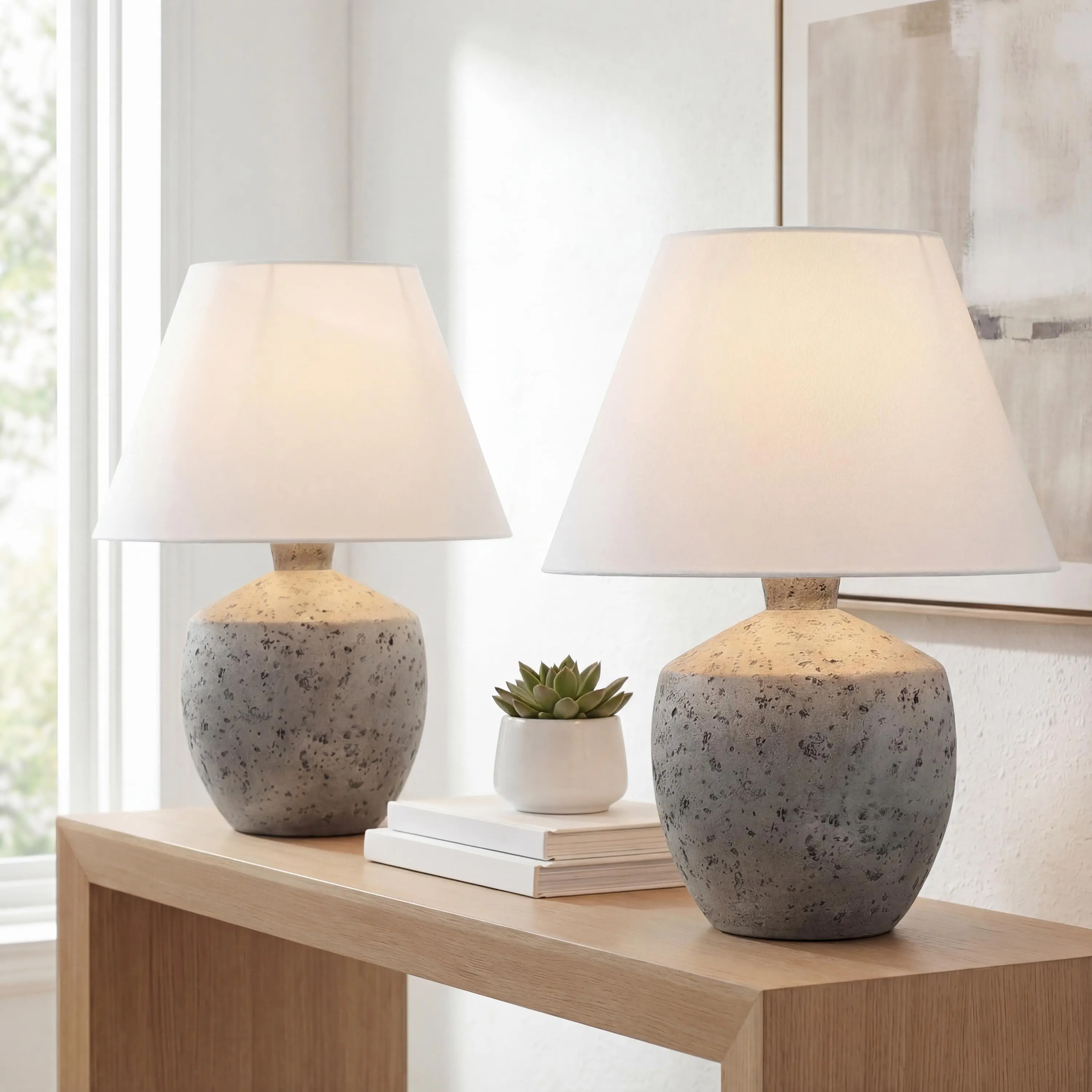 JONATHAN Y Myron 18" Concrete Effect Table Lamp, Set of 2 | Minimalist Scandinavian Design, Resin And Metal Base, White Linen Shade, LED Bulbs Included, Modern Bedside Nightstand Light