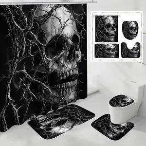 JIT Skull Pattern Spooky Bathroom Set, this 4-piece set includes a shower curtain, a U-shaped toilet mat, a rectangular mat and a toilet seat cover, and it is a stylish home decoration.