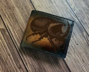Rhino Beetle Leather wallet: Insect custom handmade Trifold Bi-fold, patina dying Leaatheette Bifold Wallet