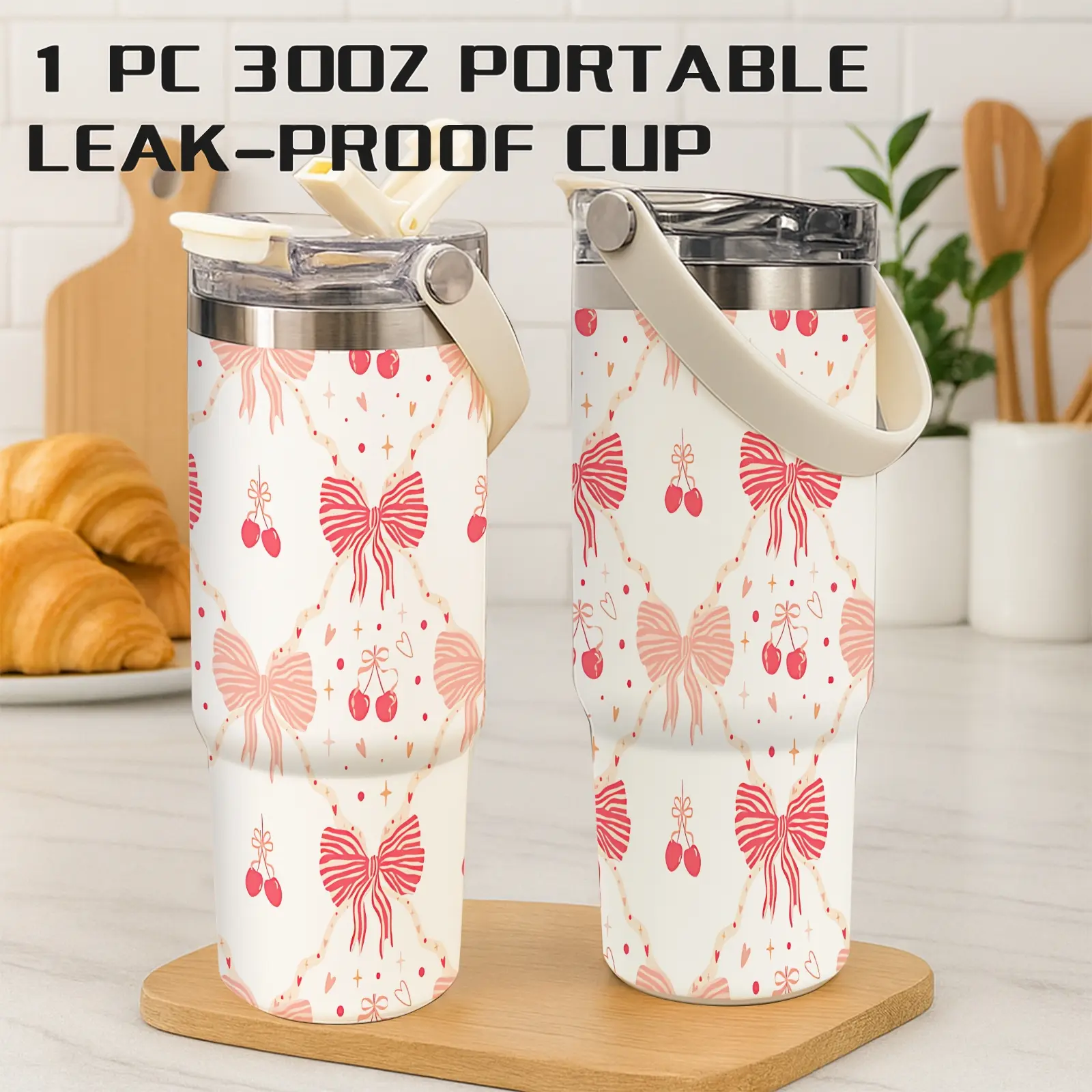1 Pc 30 Oz Pink Bow Cherry Vacuum Tumbler with Handle, 2-in-1 Flip Lid, Leak-Proof, Double-Wall Insulated, Easy Carrying, Cute and Fun Style, Keeps Hot 12H/ Cold 24H, Gift for Women, Friends, Teachers, Use At Office, Home or Car.