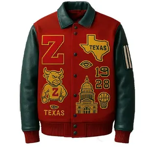 Men's Texas Varsity Jacket – Red Wool Body with Green Leather Sleeves and Embroidered Patches
