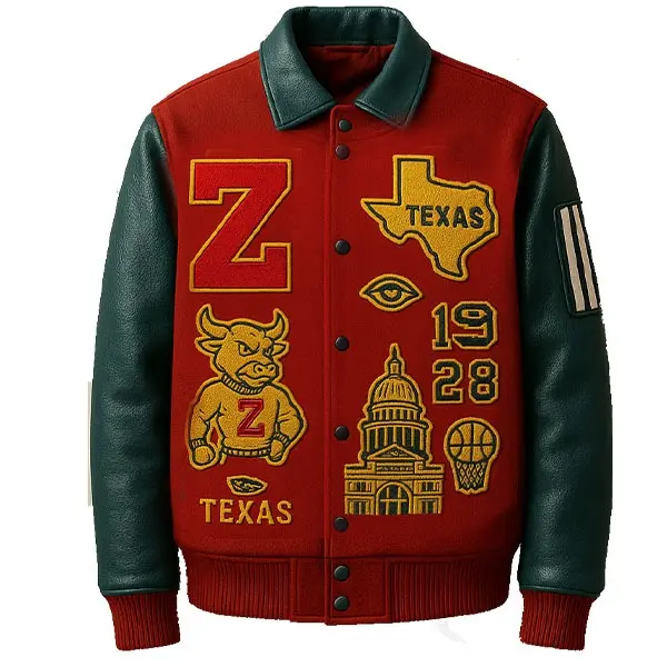 Men's Texas Varsity Jacket – Red Wool Body with Green Leather Sleeves and Embroidered Patches