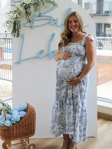 Blue Floral Print Ruched Bow Bohemian Flowy Dress, Gender Reveal Party, Baby Shower Gift, Pregnant Woman Long Dress, Maternity Clothing