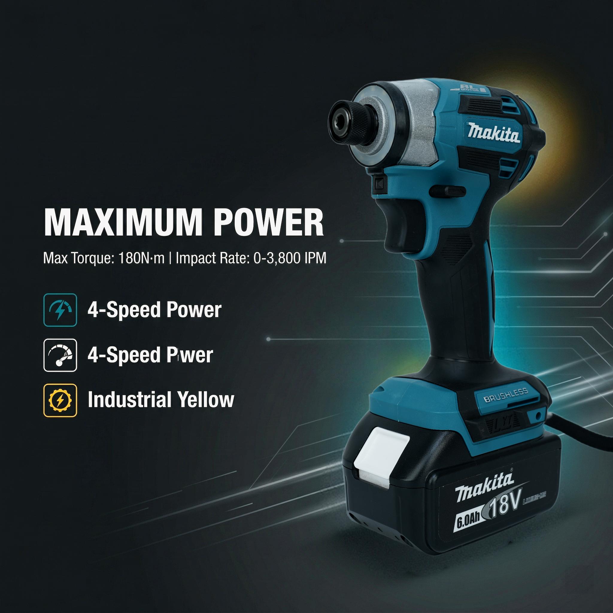 Makita DTD173 18V Brushless Impact Driver, 180Nm Torque, 0-3800IPM for Precision Fastening tool kit set