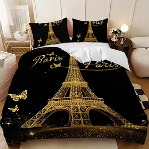 Bedding 3-piece set - 3PCS,Black and Gold Eiffel Tower Butterfly Design Down Comforter Set (1 comforter cover + 2 pillowcases, filling not included).soft and comfortable, suitable for family bedrooms.