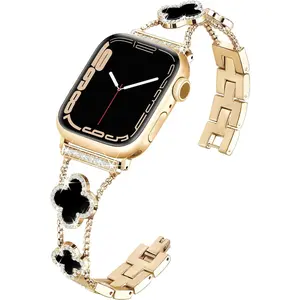 【2026 New】Black Shell Clover Slim Metal Bracelet for iWatch (Band Only) - Business & Dressy Strap Compatible Series 1-11/SE/SE2/Ultra/Ultra2 (38-49mm) Women & Men (Watch Not Included)