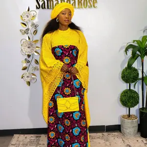 Handmade Yellow Lace Ankara Boubou Gown – Vibrant Floral Kaftan Maxi Dress