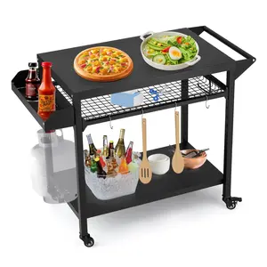 【GARVEE】Outdoor Grill Cart and Pizza Oven Stand Table with Lockable Wheels, Heavy Duty Movable Cooking Prep Table Featuring Mesh Racks, Durable Black Design for Patio, Backyard, Camping, and Parties