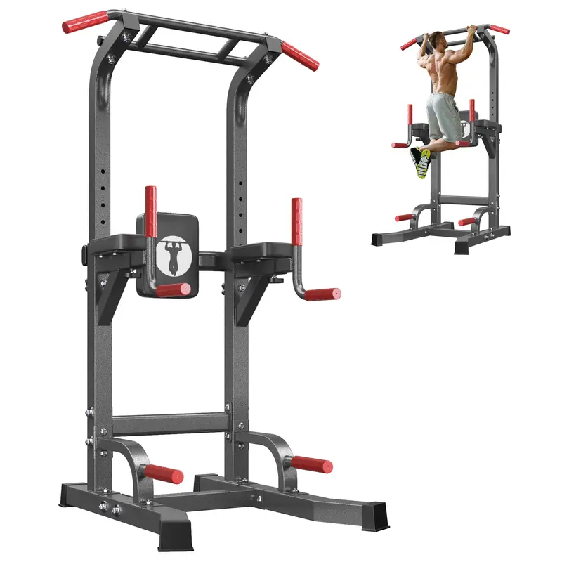 Soges Multifunctional Power Tower Pull Up Bar Dip Station for Home Gym, Height Adjustable 65.7"-87", Free Standing Full Body Exercise Training Machine, Indoor Fitness Workout Dip Bar, Black/Red/Yellow
