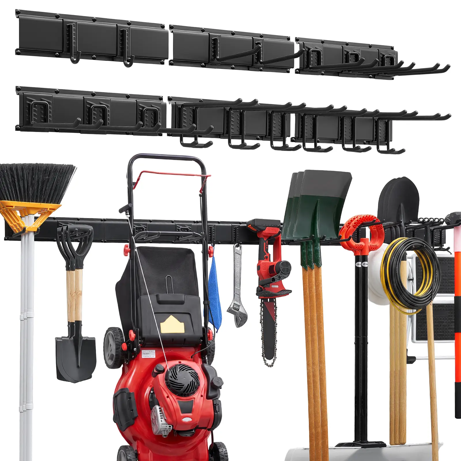 VEVOR Garage Tool Organizer 99 Inch 1200 lbs Wall Mount Garden Tool Rack, Heavy Duty Garage Hanging Storage Rack Organization with 6 Rails and 16 Adjustable Hooks, for Yard Tools, Shovel, Rake, Shed