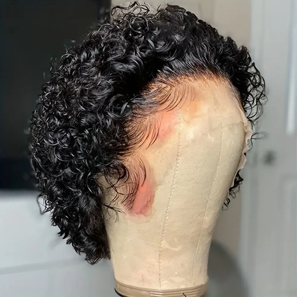 Women's Hot New Arrived 13x1 Transparent Lace Front Human Hair Wig, Short Curly Pixie Cut Water Wave, Burgundy-Ginger Color, 180% Density, Curly Pixie Cut Hairstyles Full Machine Wig
