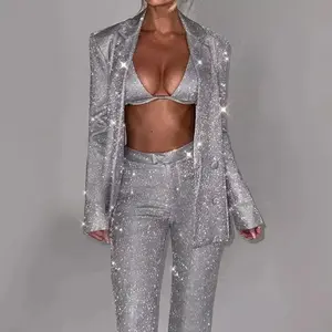 Midnight Sparkle 3-Piece Suit Women's Silver Glitter Blazer Set 3 Piece - Shiny Sequin Suit with Crop Top and Pants for Party, Concert & Festival Wear