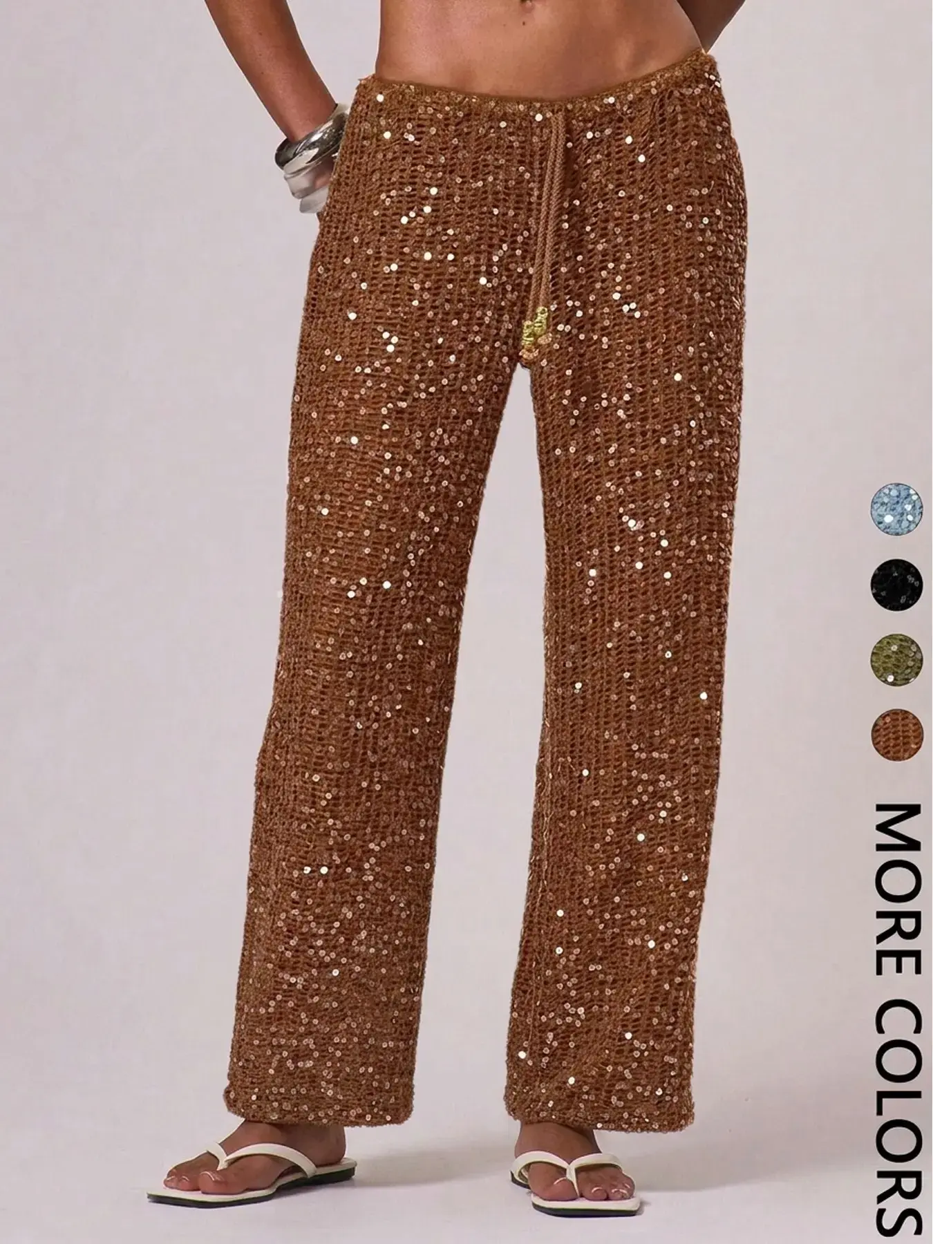 Women's Bohemian Style Beach Pants, Elegant Summer Sequined Long Trousers, Fashionable Holiday Wear, Ladies' Casual Fitted Womenswear, Chic Casual Trousers
