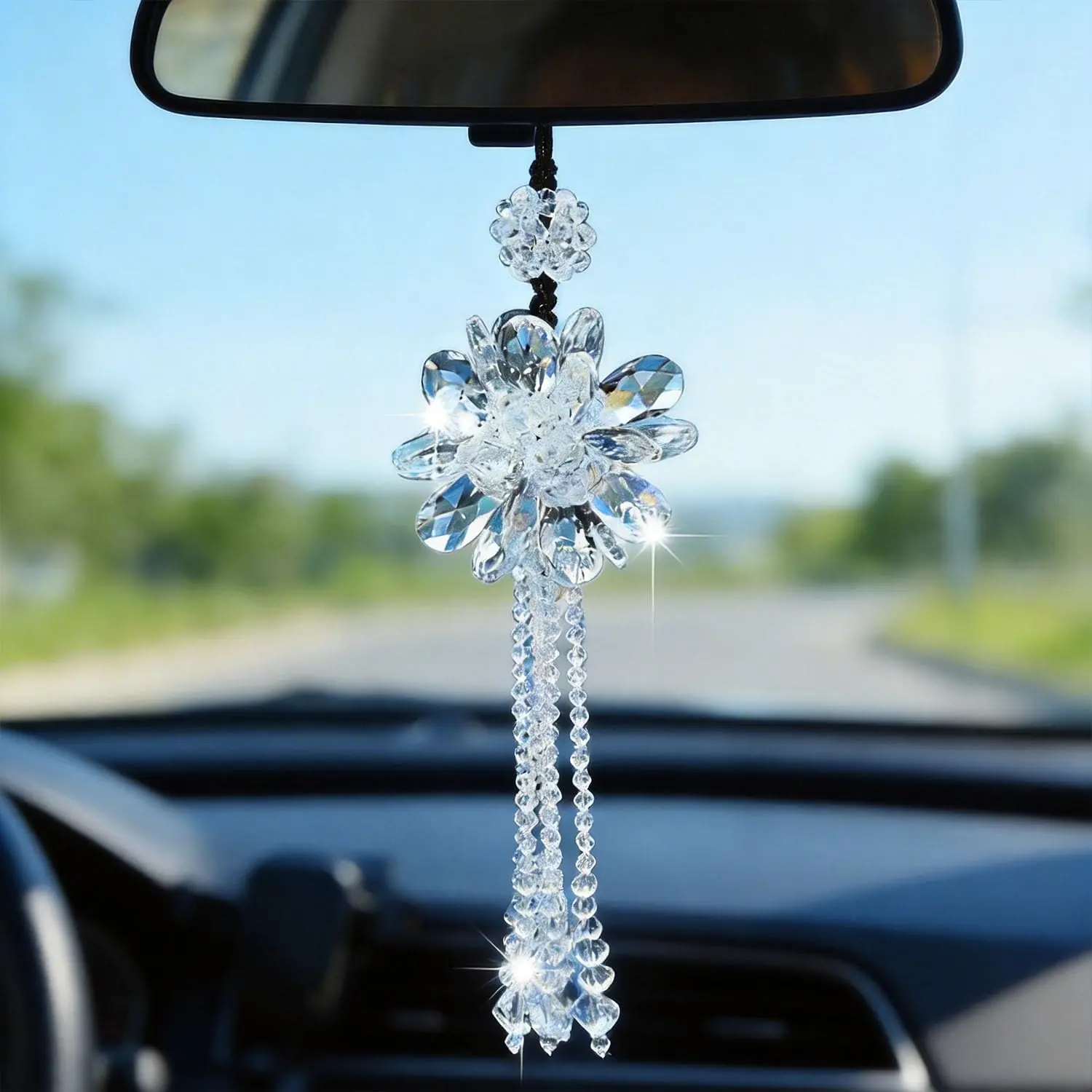 Car Crystal Hanging Decorations - White Flower Heart Crystal Pendant (1PCS, 3x3x3 inches, 13.75 inches Lanyard, Crystal Material, Roof Mount)