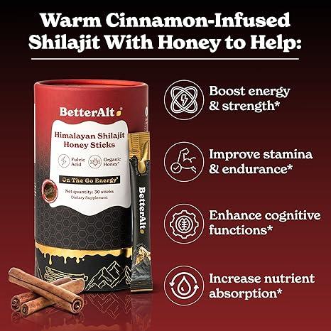 Pure Himalayan Shilajit Cinnamon Honey Sticks with Organic Honey | Easy to Consume Shilajit| 30 Sticks for Energy Boost & Immune Support, 85+ Trace Minerals, 75%+ Fulvic Acid
