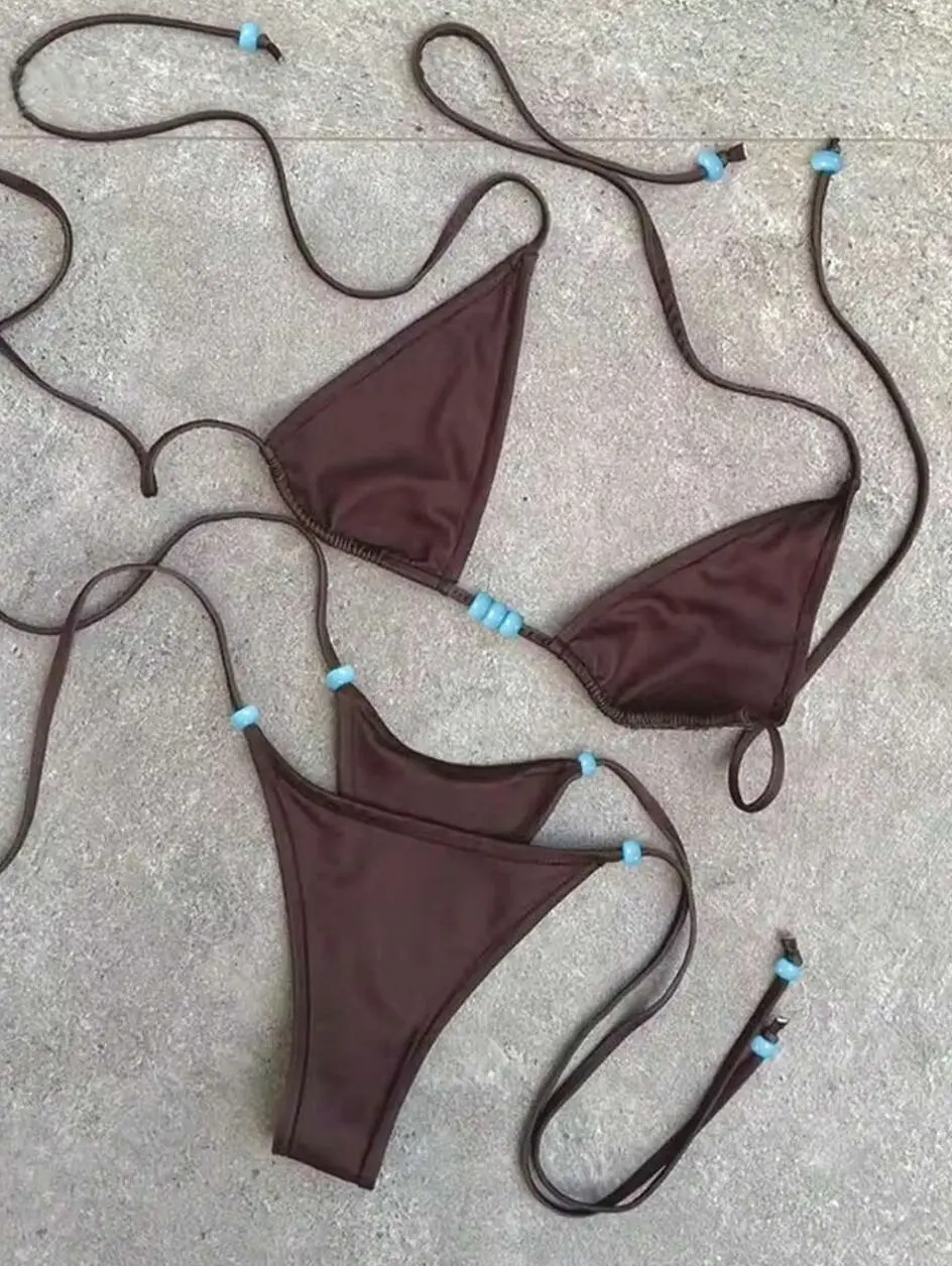 Women's Brown Triangle Bikini Set – String Tie Side Swimsuit with Bead Detail, Sexy Halter Two Piece Bathing Suit for Beach Vacation