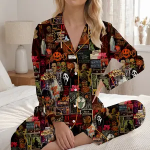 Retro Horror Movie Halloween Pajamas Set, Print Ghost Pumpkin Spooky Short Sleeve Satin Pajama Set, Horror Movie Long Sleeve Pyjamas, Horror Gift