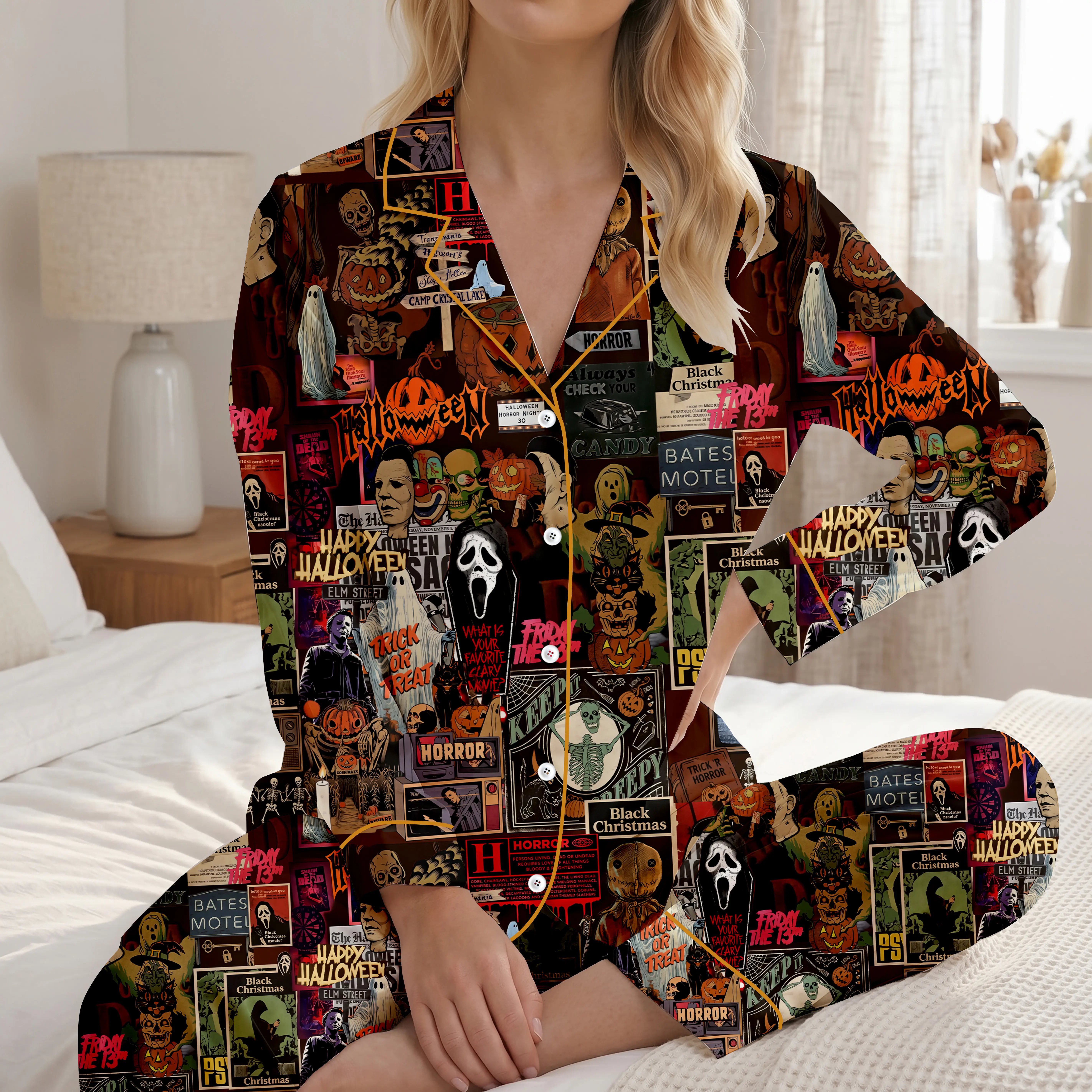 Retro Horror Movie Halloween Pajamas Set, Print Ghost Pumpkin Spooky Short Sleeve Satin Pajama Set, Horror Movie Long Sleeve Pyjamas, Horror Gift