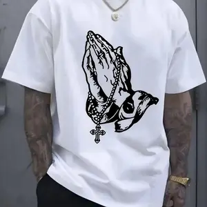 Men's "Pray" Graphic Cotton T-Shirt - White, Breathable & Comfortable, Short Sleeve, Round Neck, Casual Summer Wear, Everyday Clothing |   Streetwear Fashion |   Smooth Texture