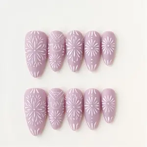 10pcs Handmade Press On Nails Acrylic - Medium Almond Lavender Nails, Flower Design Nails, Handcrafted Embossed Flower Decor Elegant Gentle Style, for Daily Wear & Dating with Jelly Glue & Nail File
