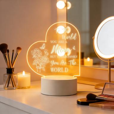 To The World You Are A Mom Heart 2D Acrylic LED Night Light, Warm White USB Bedside Lamp, Mother's Day Birthday Gift for Mom, Bedroom Home Decor