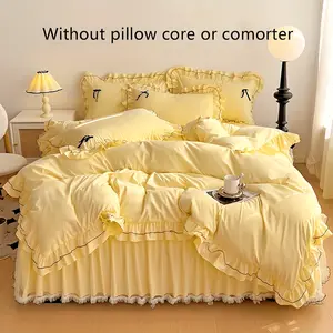 Chic 4pcs Bedding  Soft Comfortable Polyester Duvet Cover Skirt Pillowcases Lace Trim Zip Closure All Season Perfect for Bedroom Guest Room Fitted Sheet bed   Hypoallergenic Luxury Comforter set quilts