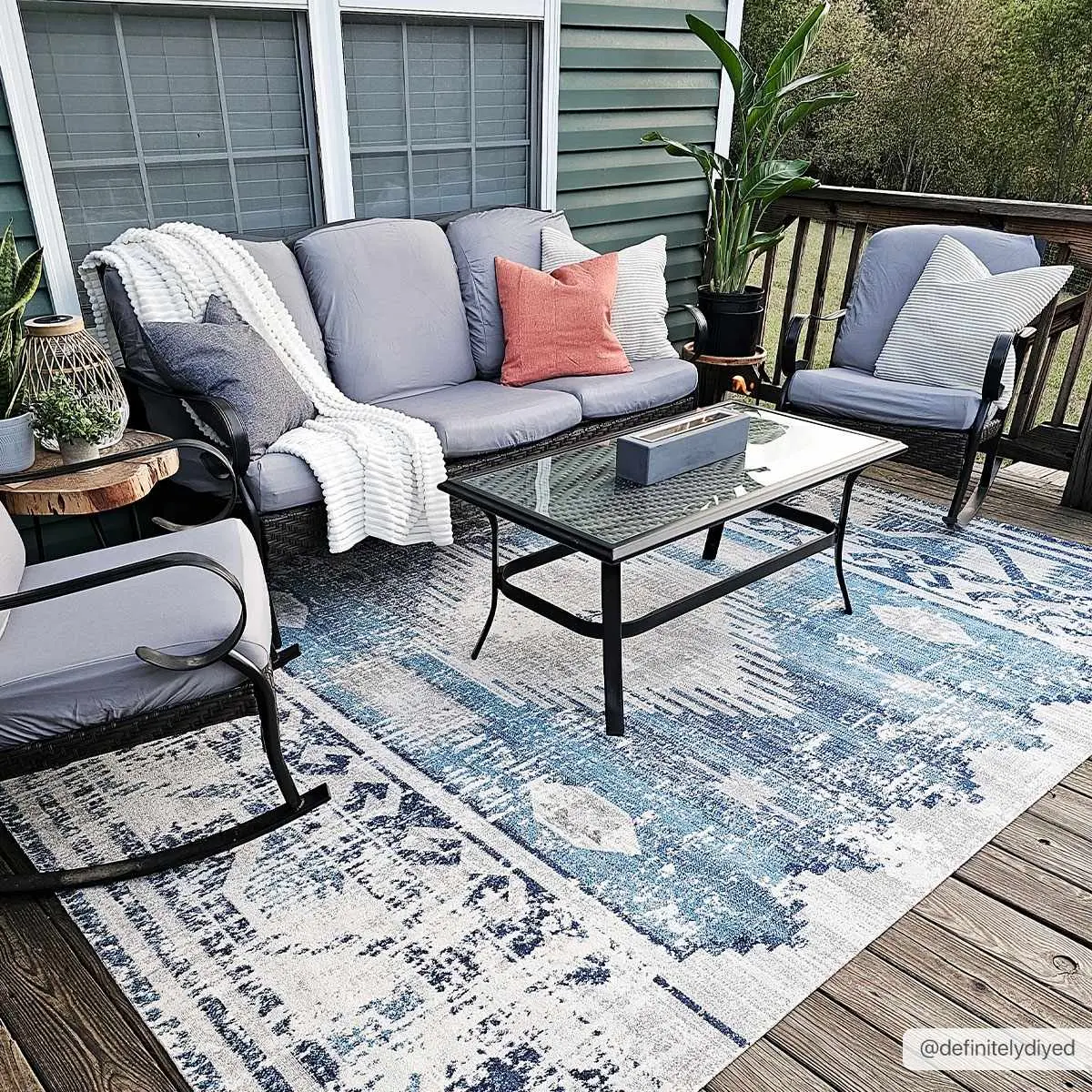Westmount Denim Aztec Area Rug - Boho, Modern Bohemian Home Decorative Rug for Outdoor Patio Use