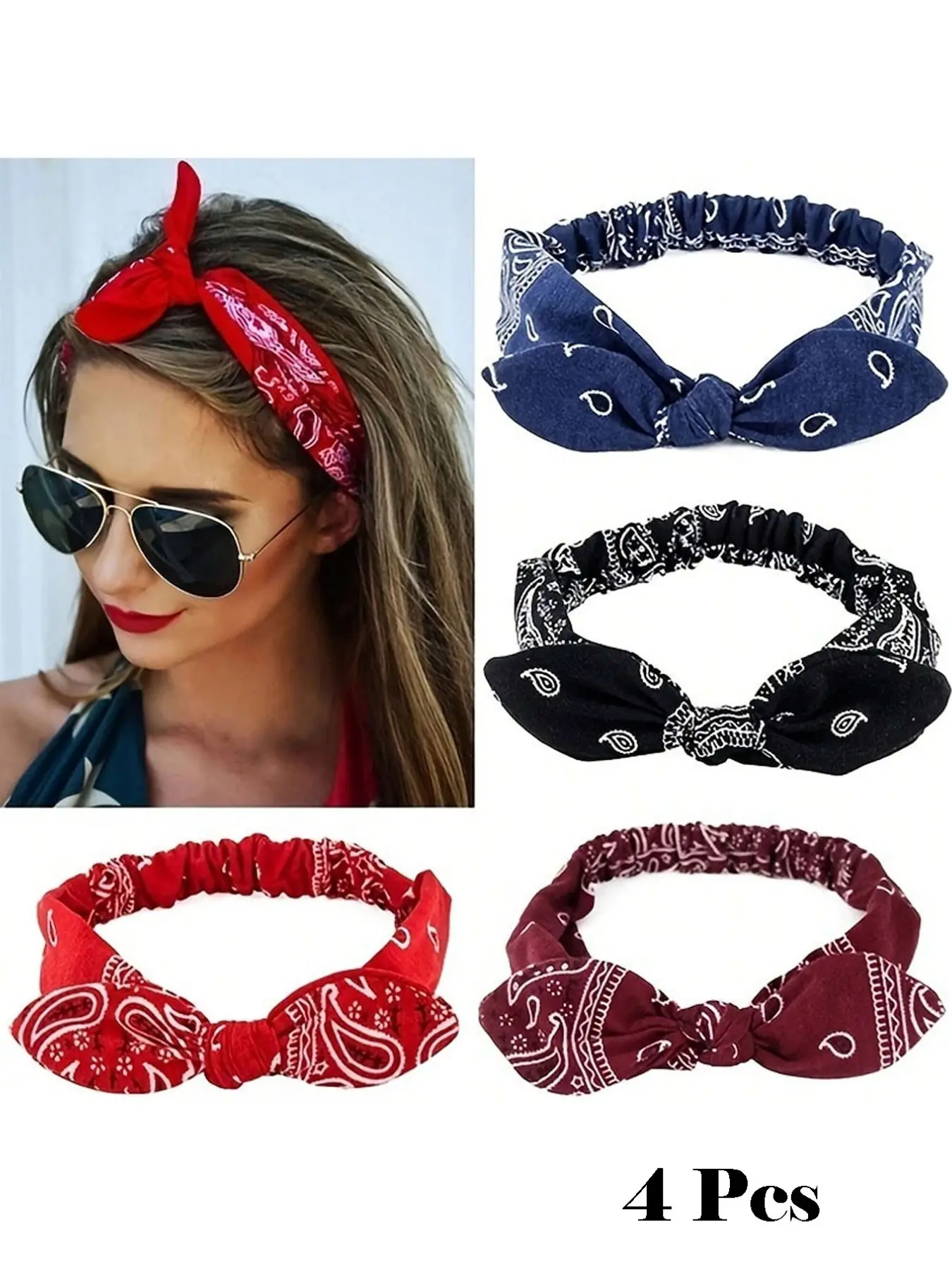 4pcs Paisley Pattern Headband, Vintage Bow Knot Elastic Hairband, Stretchy Headbands, Women's Headwrap With Paisley Flower And Rabbit Ears For Festival Decoration, School Stuff, Fall Winter Hair Band, Boho Hair Accessories