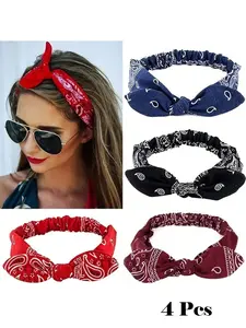 4pcs Paisley Pattern Printed Headband, Vintage Bow Knot Elastic Hairband, Women's Headwrap With Paisley Flower And Rabbit Ears For Festival Decoration, Headband Set