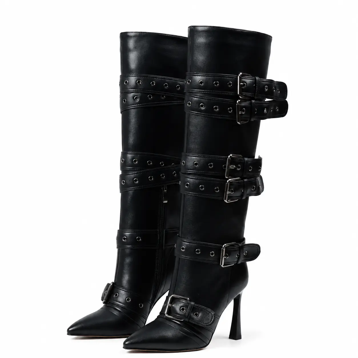 EROCALLI Custom Made Buckle Strap Pointed Toe Black Knee High Boot Punk Gothic Tall Boots For Women Stiletto Heel Side Zipper Faux Leather Party  Dress Up Boots