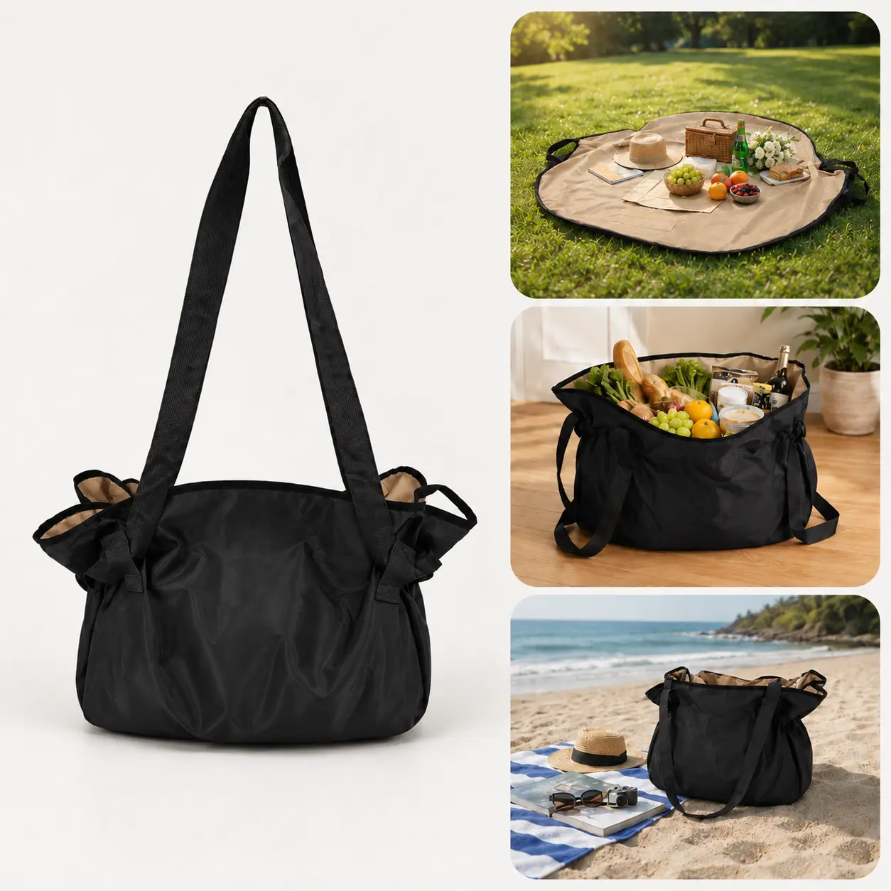GMOX 2-in-1 Foldable Tote Bag with Waterproof Picnic Blanket, Portable Outdoor Picnic Mat Shopping Bag, Lightweight Collapsible Handbag for Beach Park Camping Travel Family Outdoor Outings